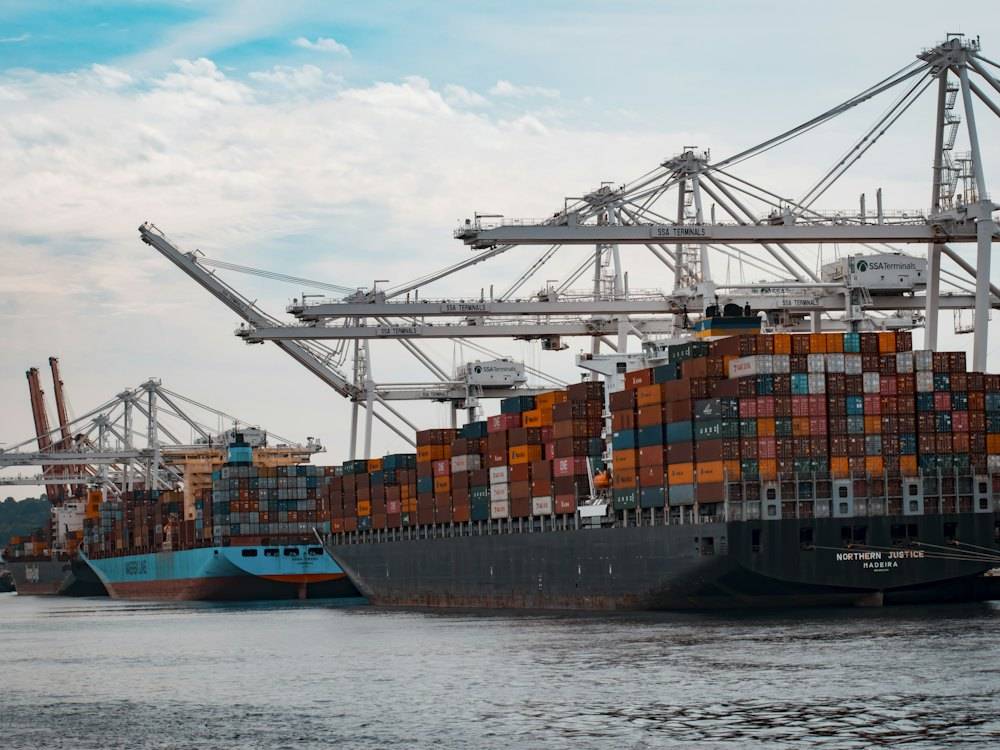 Container ship at port for import and export trade